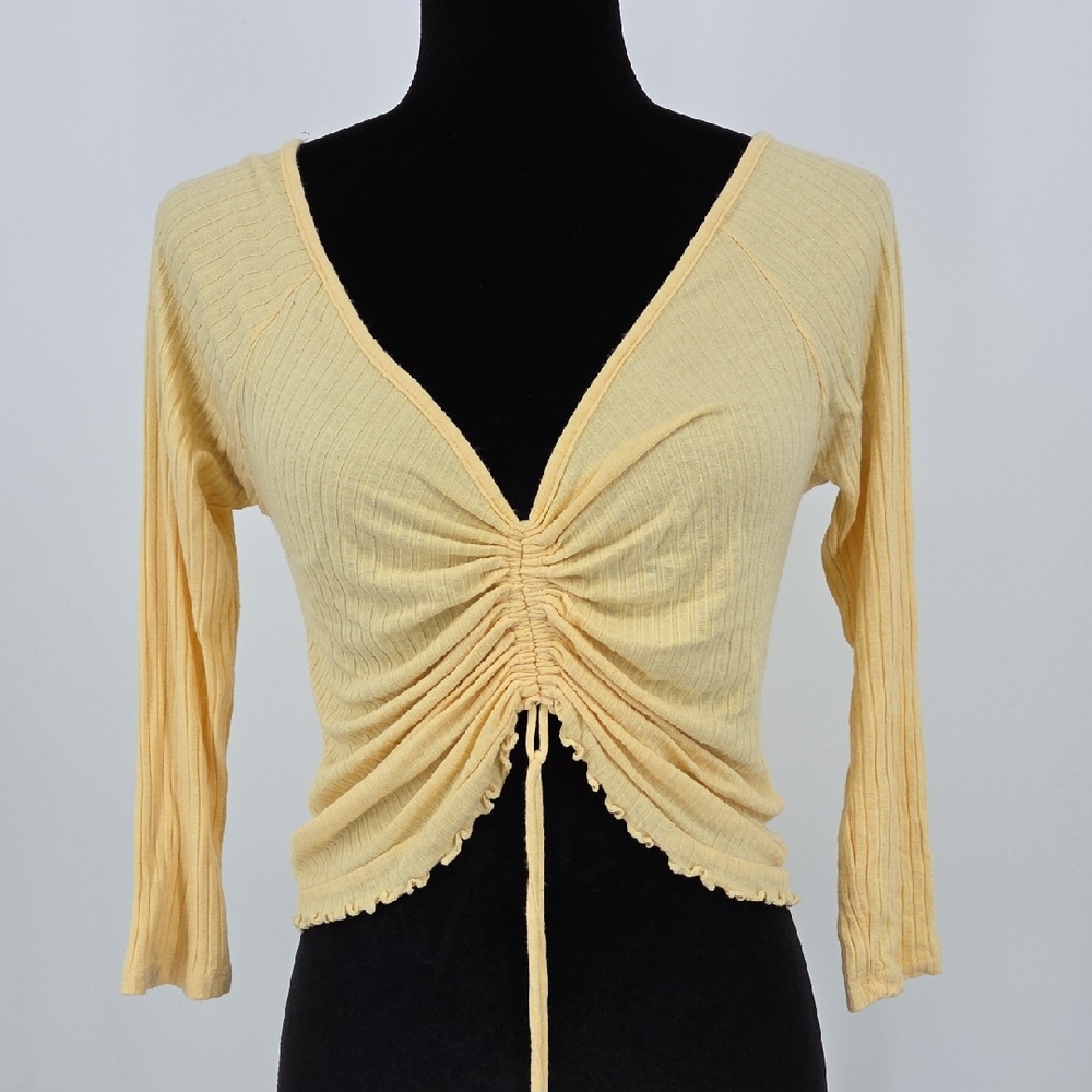 Ruched V-Neck Drawstring Crop Top in Pale Yellow